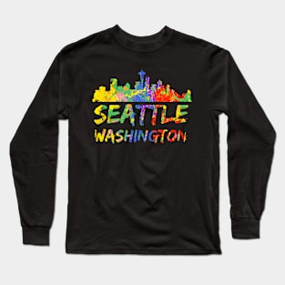 Seattle Washington Skyline Paint Splash Long Sleeve T-Shirt